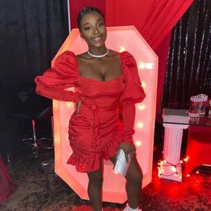 Red Puff Sleeve Ruched Dress
